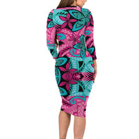 Plumeria Polynesian Pattern Long Sleeve Bodycon Dress Unique Fantasy Pink Teal