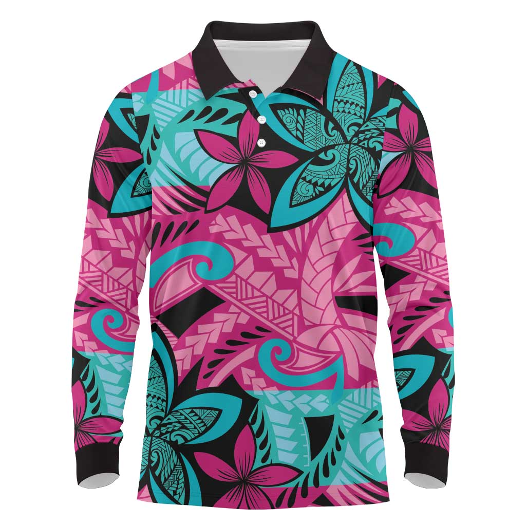 Plumeria Polynesian Pattern Long Sleeve Polo Shirt Unique Fantasy Pink Teal LT01 Pink - Polynesian Pride