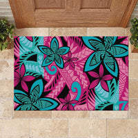 Plumeria Polynesian Pattern Rubber Doormat Unique Fantasy Pink Teal
