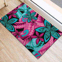 Plumeria Polynesian Pattern Rubber Doormat Unique Fantasy Pink Teal