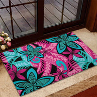 Plumeria Polynesian Pattern Rubber Doormat Unique Fantasy Pink Teal