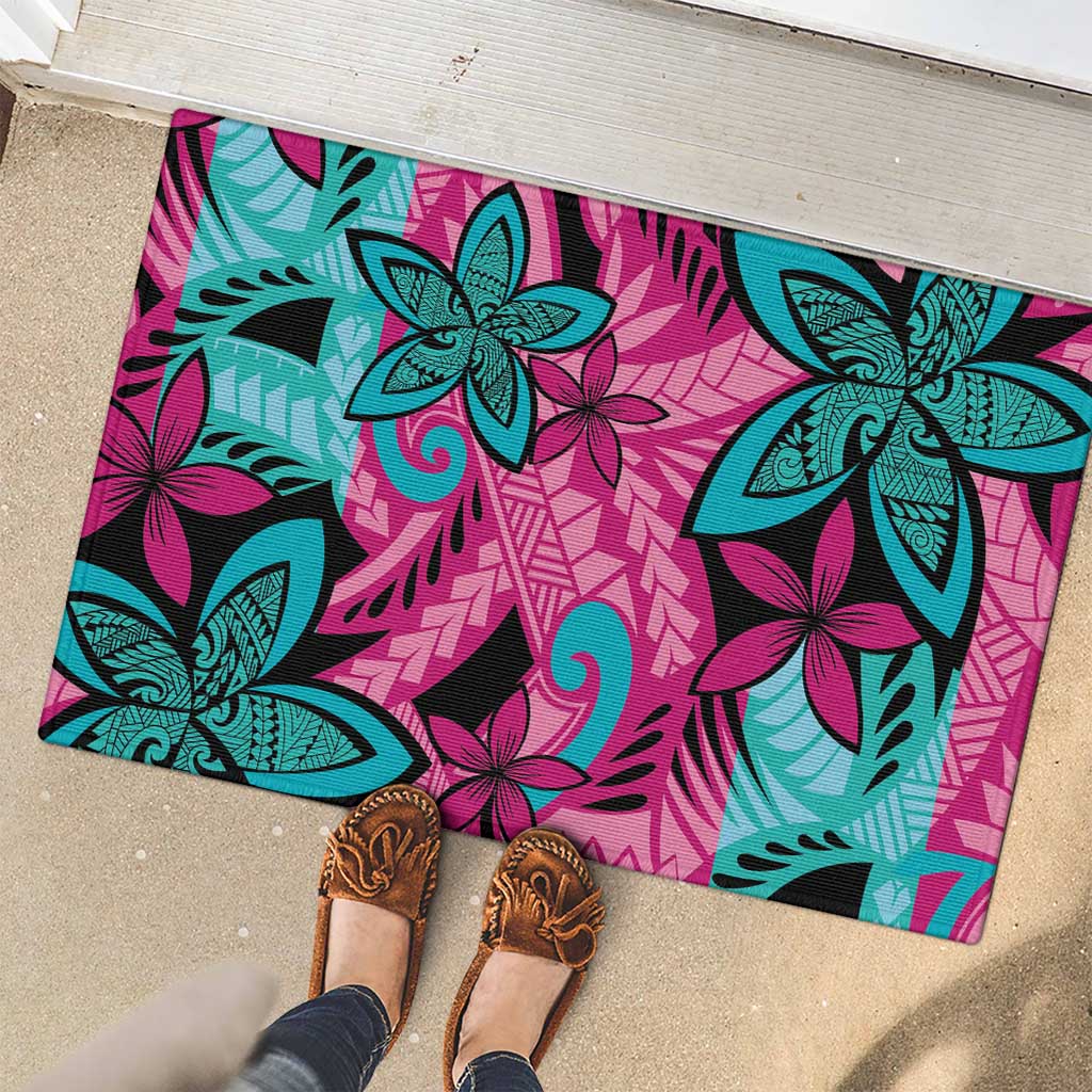 Plumeria Polynesian Pattern Rubber Doormat Unique Fantasy Pink Teal