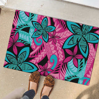 Plumeria Polynesian Pattern Rubber Doormat Unique Fantasy Pink Teal