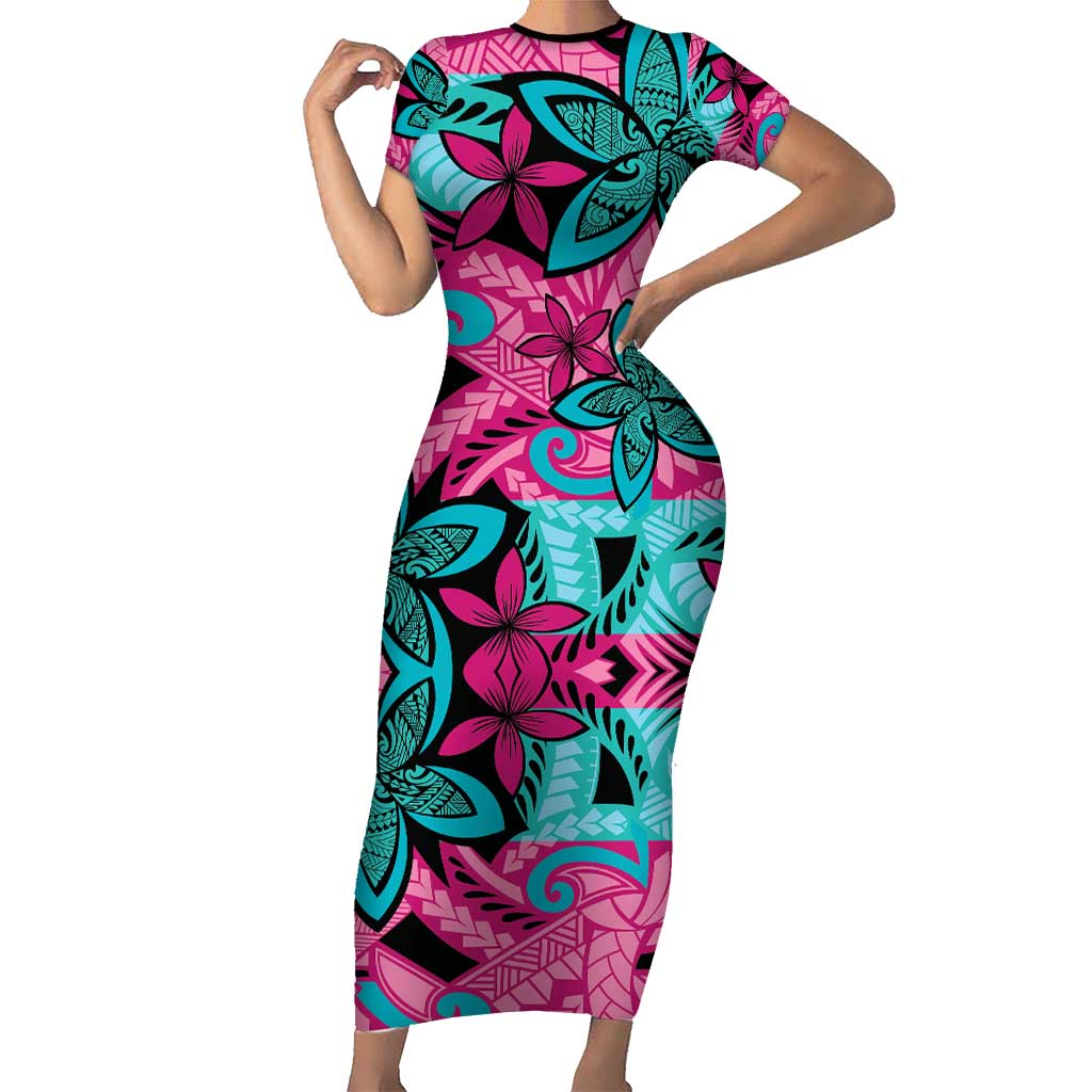 Plumeria Polynesian Pattern Short Sleeve Bodycon Dress Unique Fantasy Pink Teal LT01 Long Dress Pink - Polynesian Pride