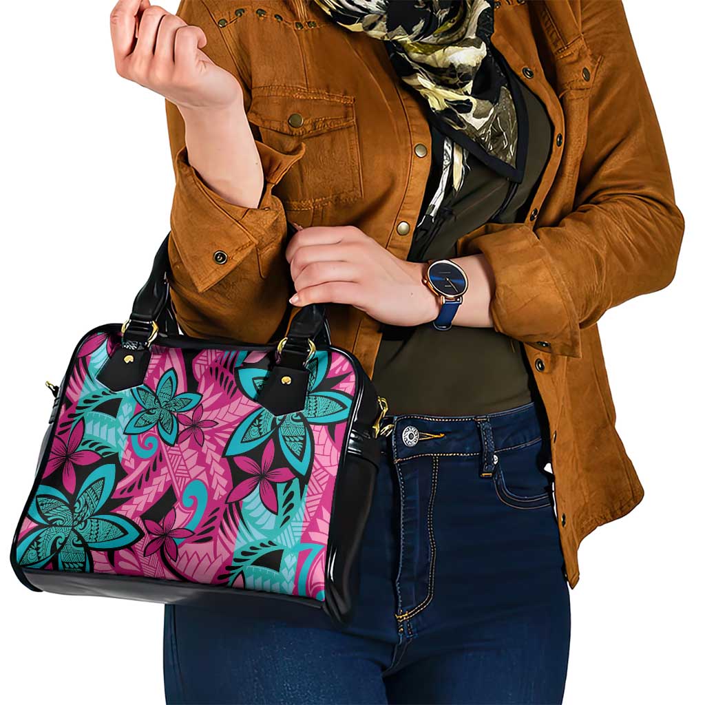 Plumeria Polynesian Pattern Shoulder Handbag Unique Fantasy Pink Teal