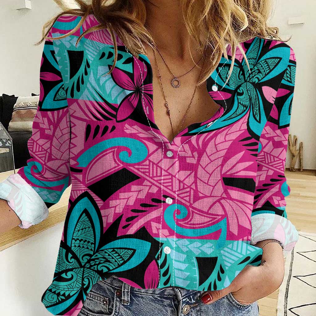 Plumeria Polynesian Pattern Women Casual Shirt Unique Fantasy Pink Teal LT01 Female Pink - Polynesian Pride