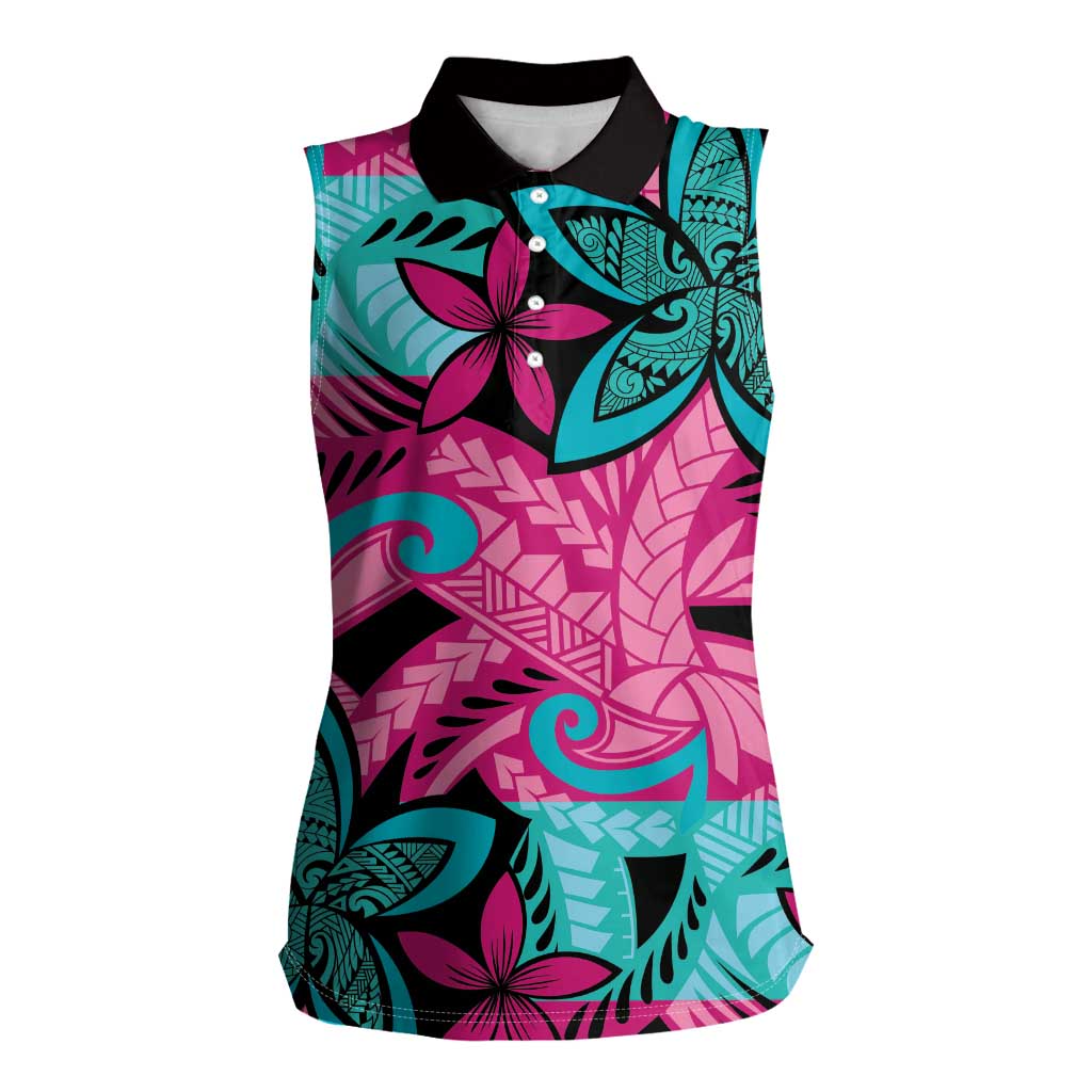 Plumeria Polynesian Pattern Women Sleeveless Polo Shirt Unique Fantasy Pink Teal LT01 Female Pink - Polynesian Pride