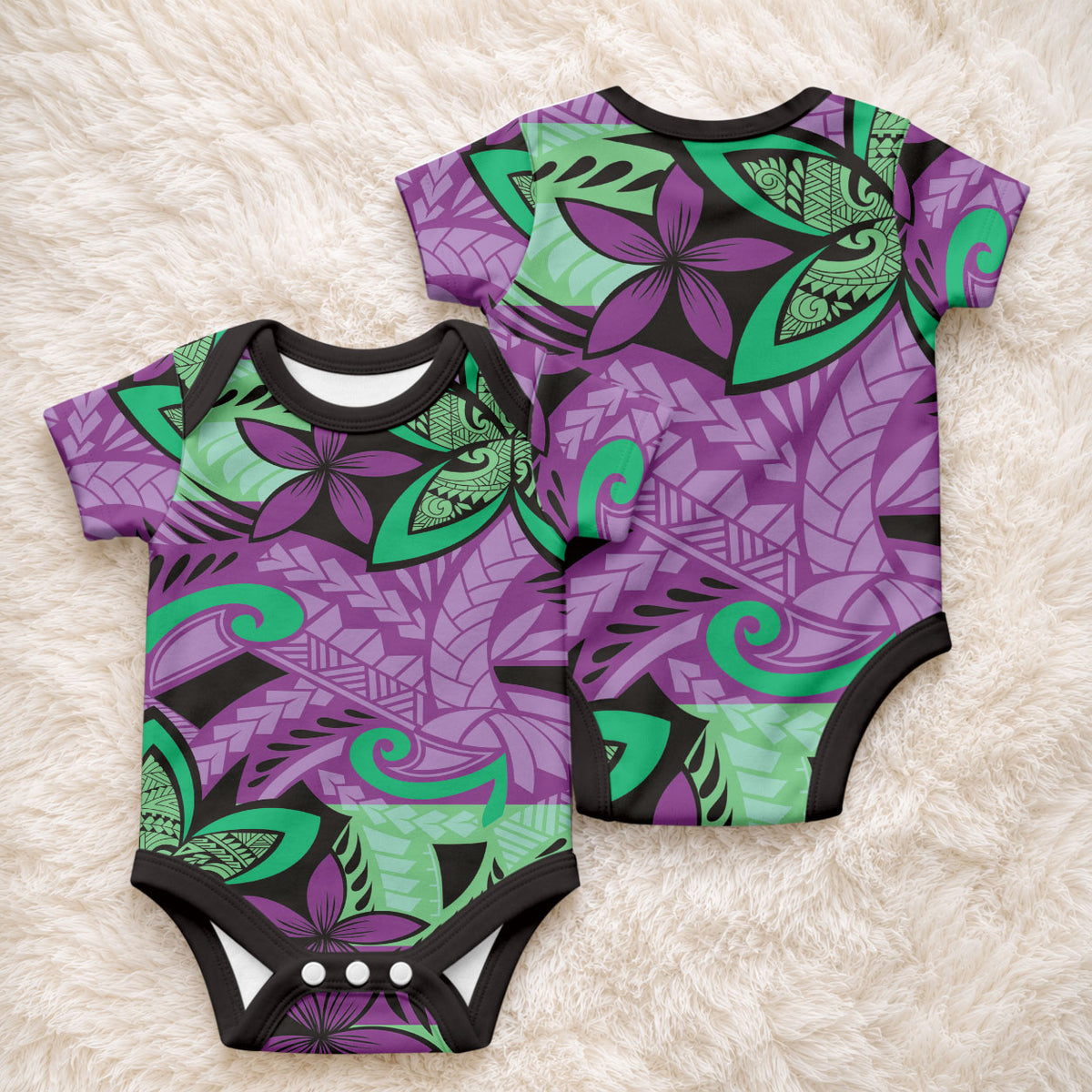 Plumeria Polynesian Pattern Baby Onesie Unique Fantasy Purple Green