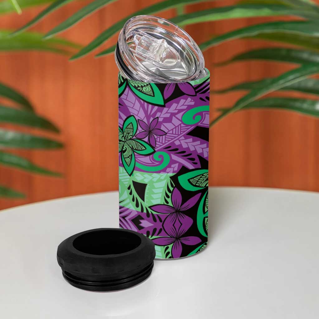 Plumeria Polynesian Pattern 4 in 1 Can Cooler Tumbler Unique Fantasy Purple Green LT01 - Polynesian Pride