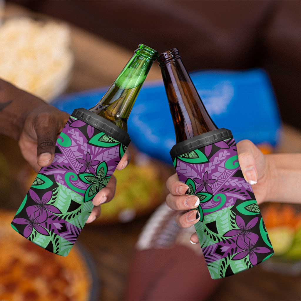 Plumeria Polynesian Pattern 4 in 1 Can Cooler Tumbler Unique Fantasy Purple Green LT01 - Polynesian Pride