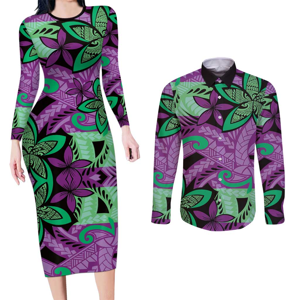 Plumeria Polynesian Pattern Couples Matching Long Sleeve Bodycon Dress and Long Sleeve Button Shirt Unique Fantasy Purple Green LT01 Purple - Polynesian Pride