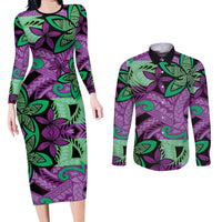 Plumeria Polynesian Pattern Couples Matching Long Sleeve Bodycon Dress and Long Sleeve Button Shirt Unique Fantasy Purple Green LT01 Purple - Polynesian Pride