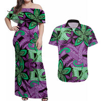 Plumeria Polynesian Pattern Couples Matching Off Shoulder Maxi Dress and Hawaiian Shirt Unique Fantasy Purple Green LT01 Purple - Polynesian Pride