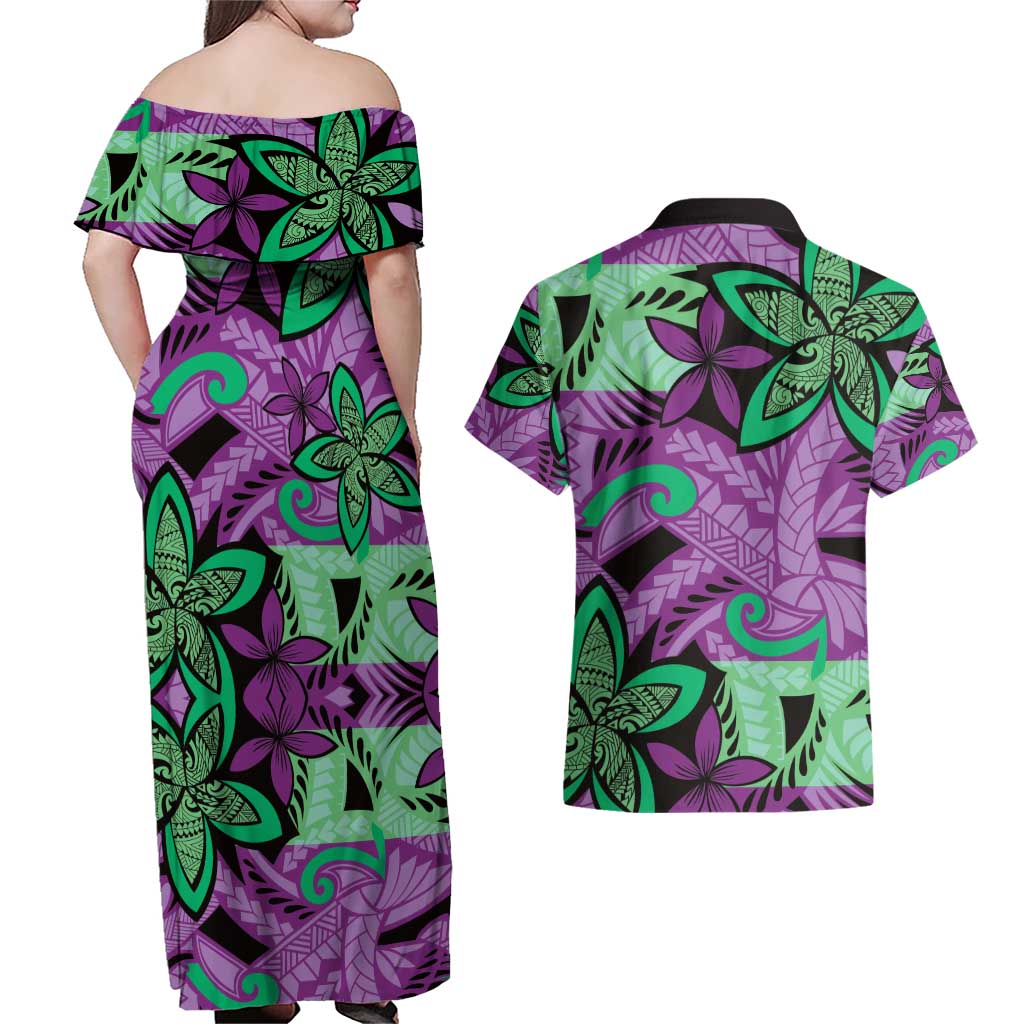 Plumeria Polynesian Pattern Couples Matching Off Shoulder Maxi Dress and Hawaiian Shirt Unique Fantasy Purple Green LT01 - Polynesian Pride