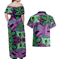 Plumeria Polynesian Pattern Couples Matching Off Shoulder Maxi Dress and Hawaiian Shirt Unique Fantasy Purple Green LT01 - Polynesian Pride