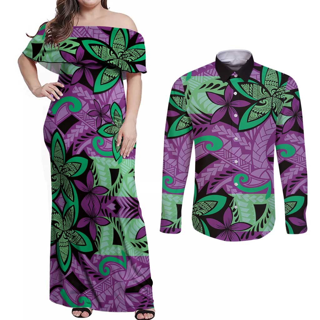 Plumeria Polynesian Pattern Couples Matching Off Shoulder Maxi Dress and Long Sleeve Button Shirt Unique Fantasy Purple Green LT01 Purple - Polynesian Pride