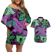 Plumeria Polynesian Pattern Couples Matching Off Shoulder Short Dress and Hawaiian Shirt Unique Fantasy Purple Green LT01 Purple - Polynesian Pride