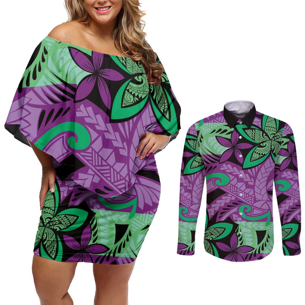 Plumeria Polynesian Pattern Couples Matching Off Shoulder Short Dress and Long Sleeve Button Shirt Unique Fantasy Purple Green LT01 Purple - Polynesian Pride