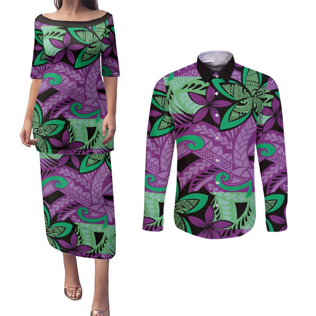 Plumeria Polynesian Pattern Couples Matching Puletasi and Long Sleeve Button Shirt Unique Fantasy Purple Green LT01 Purple - Polynesian Pride