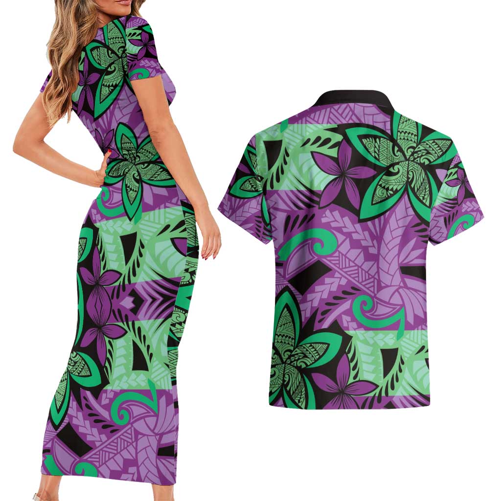 Plumeria Polynesian Pattern Couples Matching Short Sleeve Bodycon Dress and Hawaiian Shirt Unique Fantasy Purple Green LT01 - Polynesian Pride