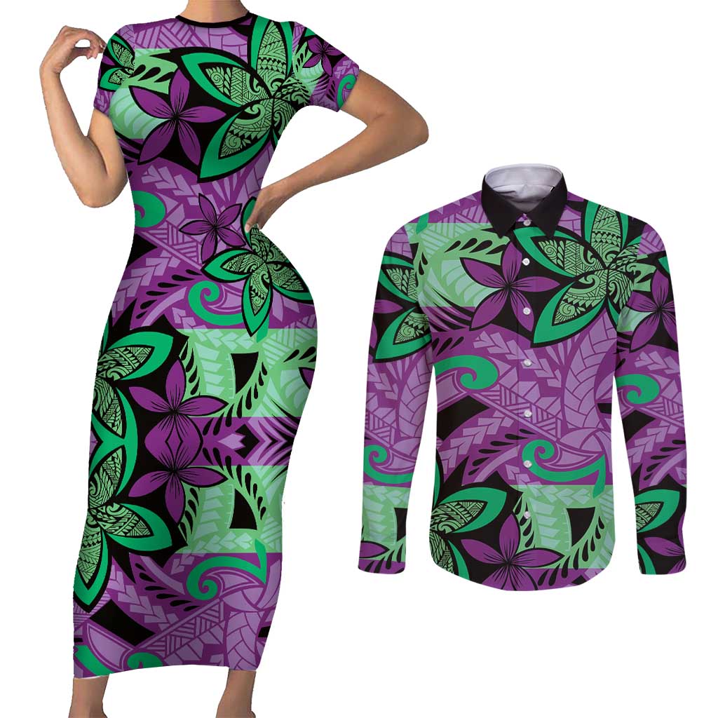 Plumeria Polynesian Pattern Couples Matching Short Sleeve Bodycon Dress and Long Sleeve Button Shirt Unique Fantasy Purple Green LT01 Purple - Polynesian Pride