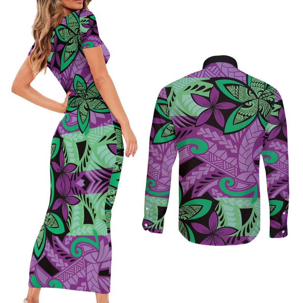 Plumeria Polynesian Pattern Couples Matching Short Sleeve Bodycon Dress and Long Sleeve Button Shirt Unique Fantasy Purple Green LT01 - Polynesian Pride
