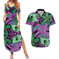 Plumeria Polynesian Pattern Couples Matching Summer Maxi Dress and Hawaiian Shirt Unique Fantasy Purple Green LT01 Purple - Polynesian Pride