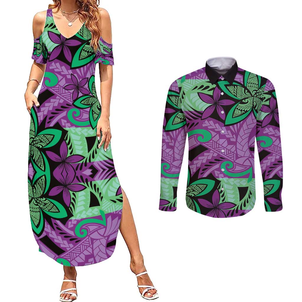 Plumeria Polynesian Pattern Couples Matching Summer Maxi Dress and Long Sleeve Button Shirt Unique Fantasy Purple Green LT01 Purple - Polynesian Pride