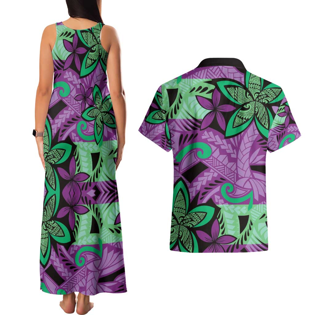 Plumeria Polynesian Pattern Couples Matching Tank Maxi Dress and Hawaiian Shirt Unique Fantasy Purple Green LT01 - Polynesian Pride