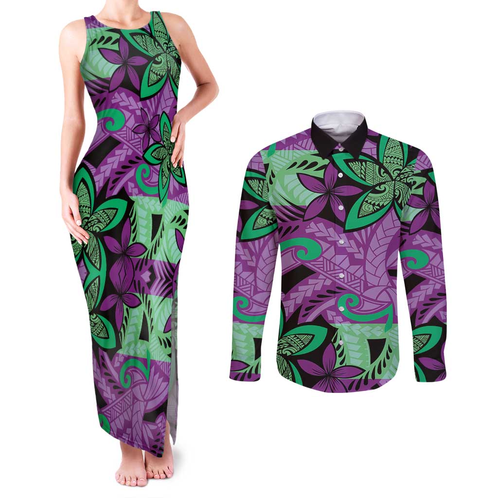 Plumeria Polynesian Pattern Couples Matching Tank Maxi Dress and Long Sleeve Button Shirt Unique Fantasy Purple Green LT01 Purple - Polynesian Pride