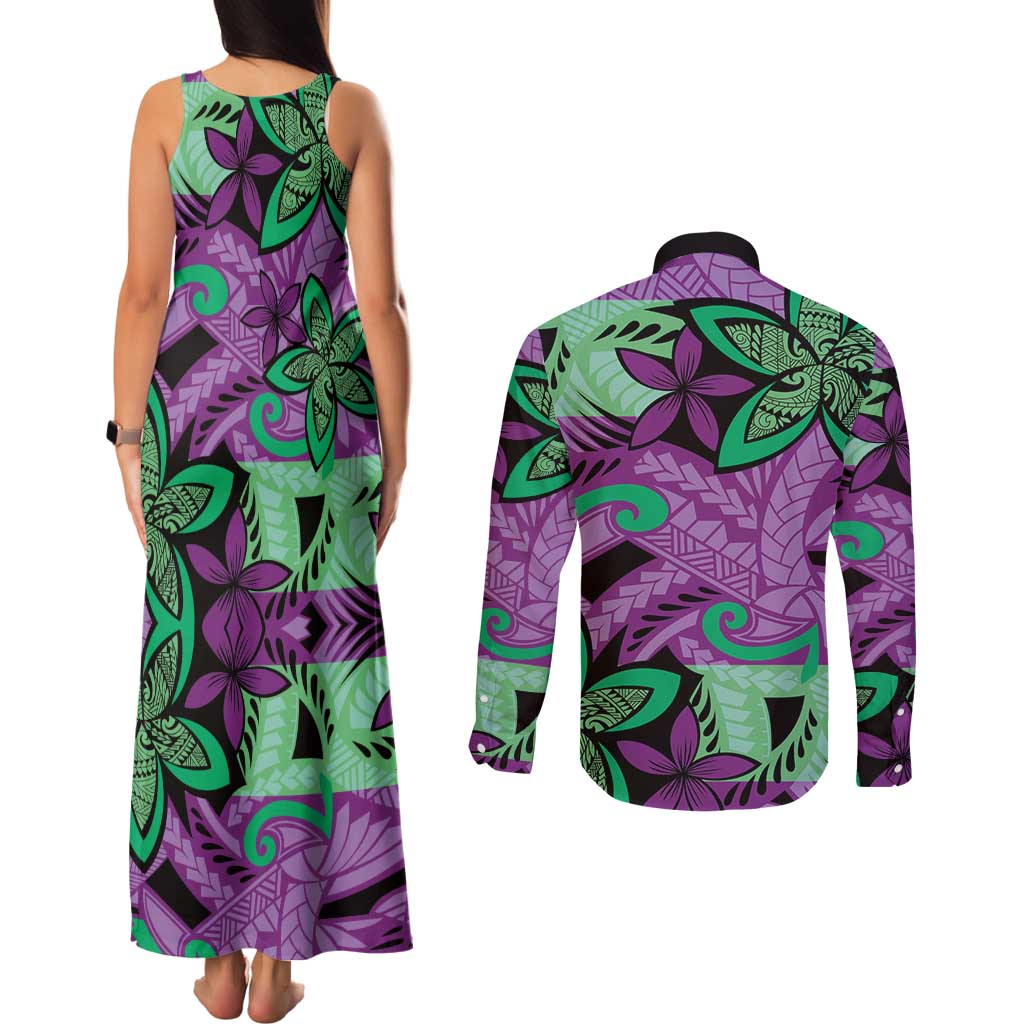 Plumeria Polynesian Pattern Couples Matching Tank Maxi Dress and Long Sleeve Button Shirt Unique Fantasy Purple Green