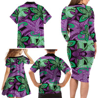 Plumeria Polynesian Pattern Family Matching Long Sleeve Bodycon Dress and Hawaiian Shirt Unique Fantasy Purple Green LT01 - Polynesian Pride