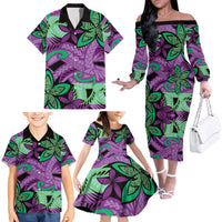 Plumeria Polynesian Pattern Family Matching Off The Shoulder Long Sleeve Dress and Hawaiian Shirt Unique Fantasy Purple Green LT01 - Polynesian Pride