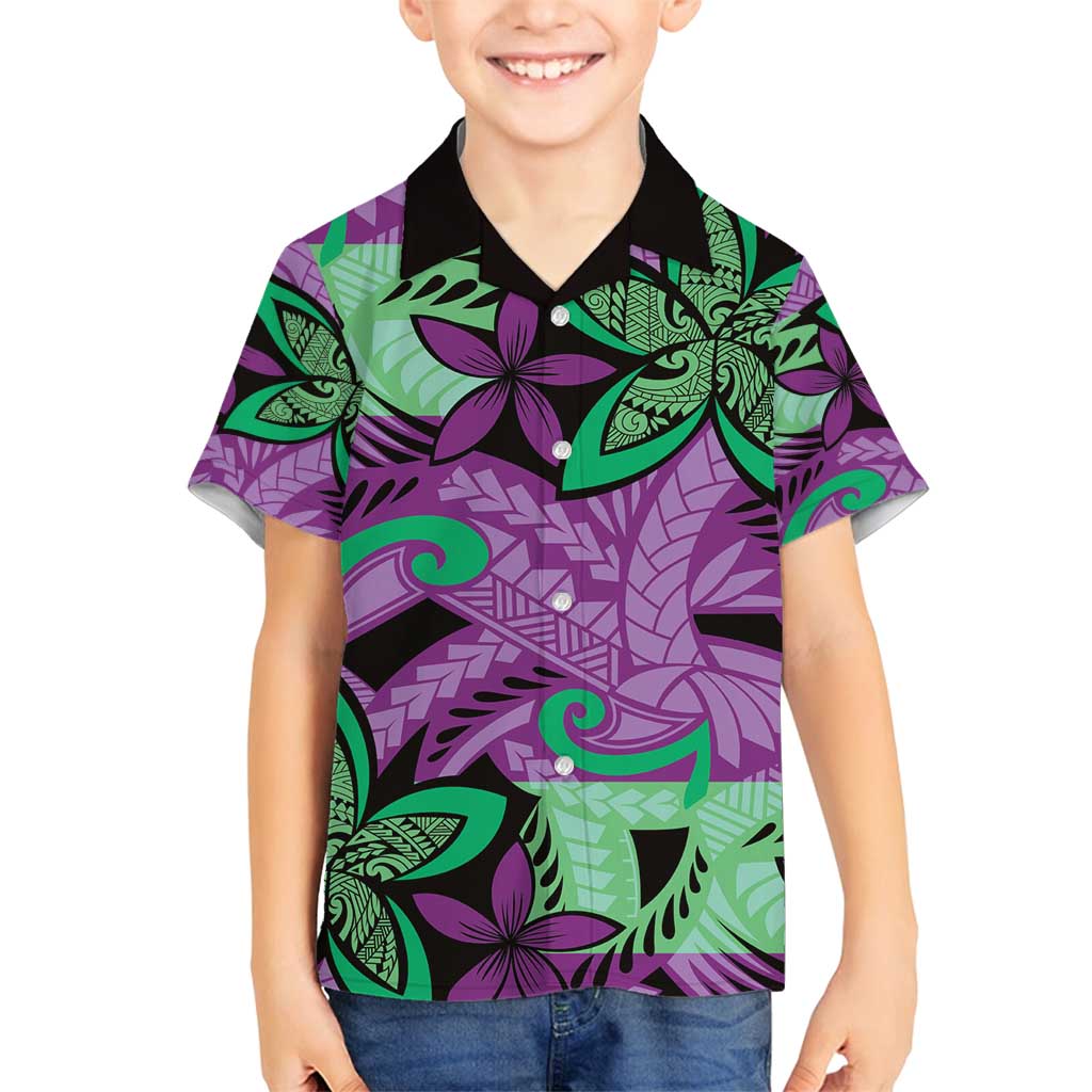 Plumeria Polynesian Pattern Family Matching Off Shoulder Maxi Dress and Hawaiian Shirt Unique Fantasy Purple Green LT01 Son's Shirt Purple - Polynesian Pride