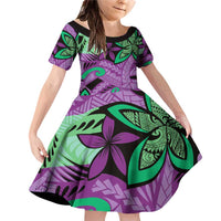 Plumeria Polynesian Pattern Family Matching Off Shoulder Short Dress and Hawaiian Shirt Unique Fantasy Purple Green LT01 Daughter's Dress Purple - Polynesian Pride