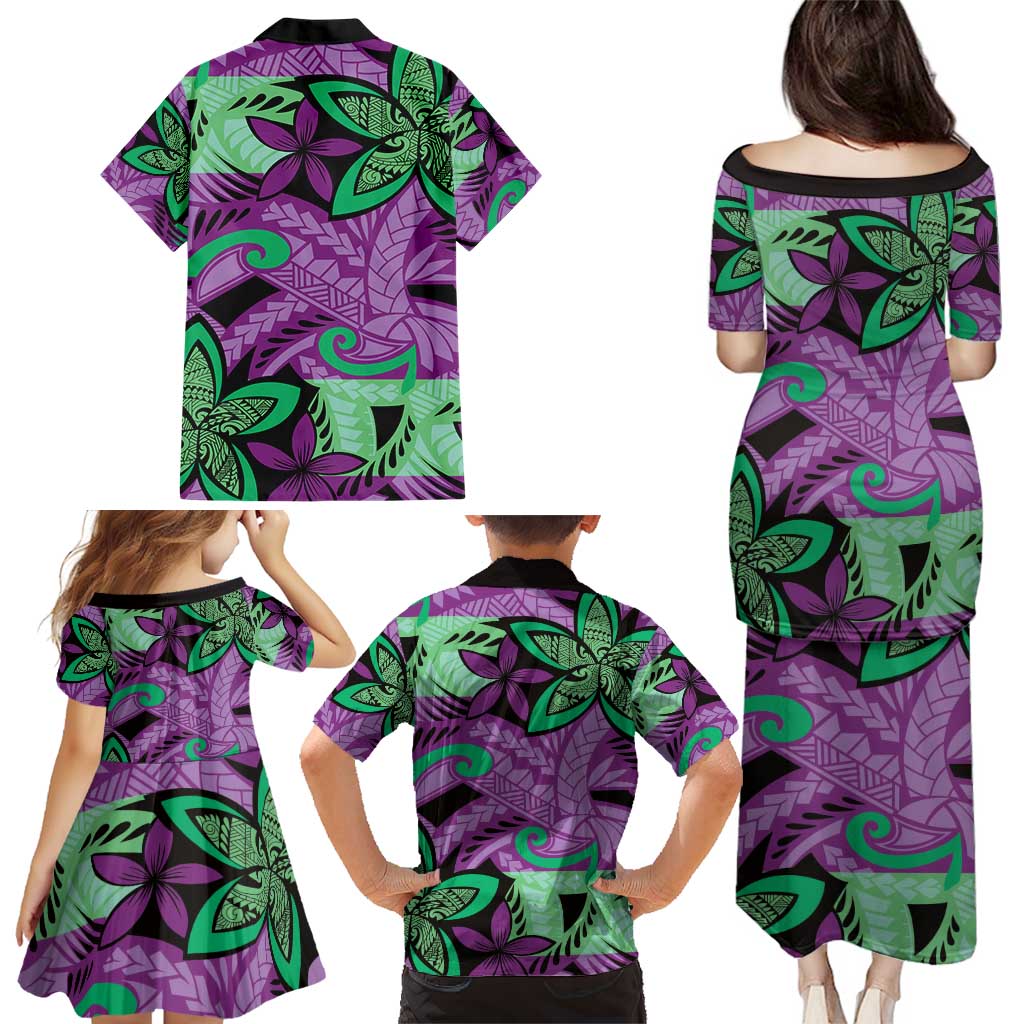 Plumeria Polynesian Pattern Family Matching Puletasi and Hawaiian Shirt Unique Fantasy Purple Green LT01 - Polynesian Pride