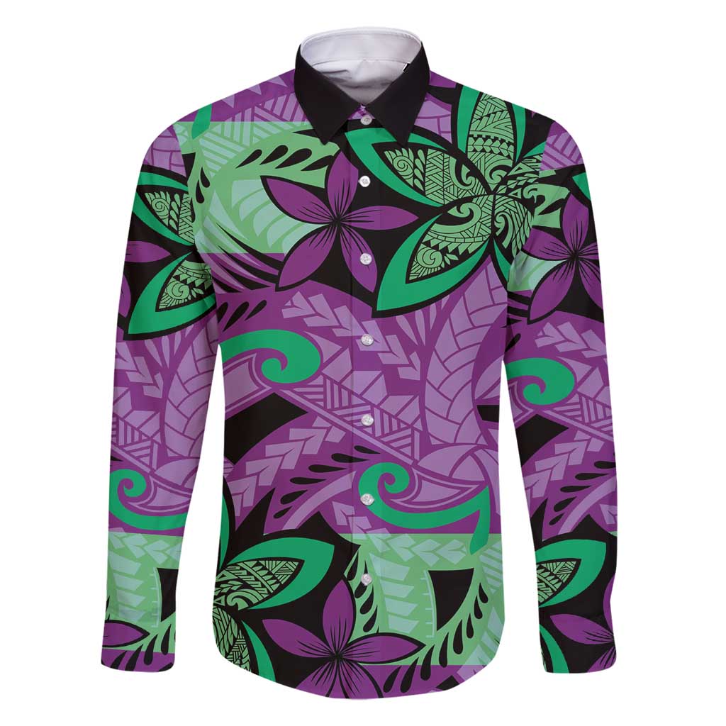Plumeria Polynesian Pattern Family Matching Summer Maxi Dress and Hawaiian Shirt Unique Fantasy Purple Green LT01 Dad's Shirt - Long Sleeve Purple - Polynesian Pride