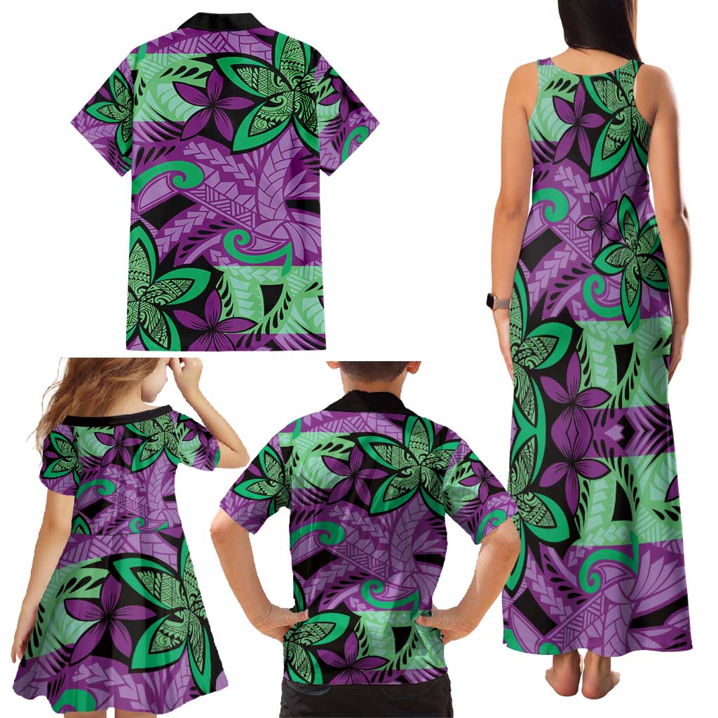 Plumeria Polynesian Pattern Family Matching Tank Maxi Dress and Hawaiian Shirt Unique Fantasy Purple Green LT01 - Polynesian Pride