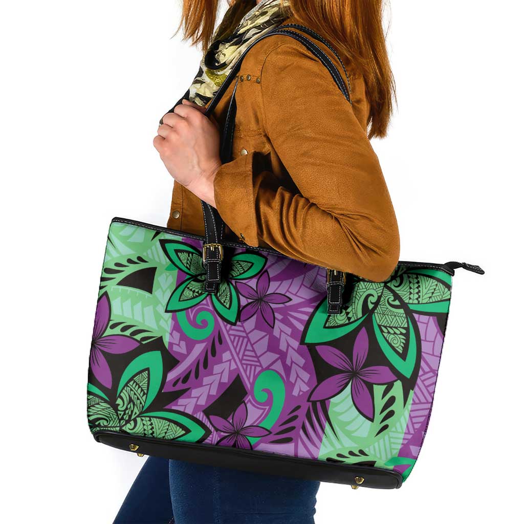 Plumeria Polynesian Pattern Leather Tote Bag Unique Fantasy Purple Green LT01 Purple - Polynesian Pride