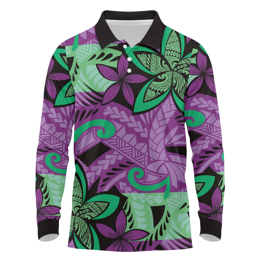 Plumeria Polynesian Pattern Long Sleeve Polo Shirt Unique Fantasy Purple Green LT01 Purple - Polynesian Pride