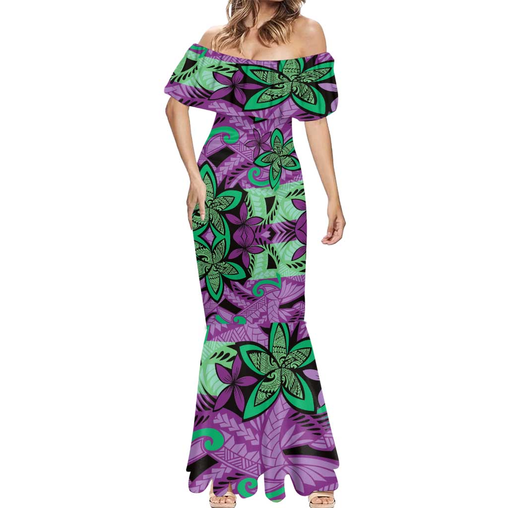 Plumeria Polynesian Pattern Mermaid Dress Unique Fantasy Purple Green LT01 - Polynesian Pride