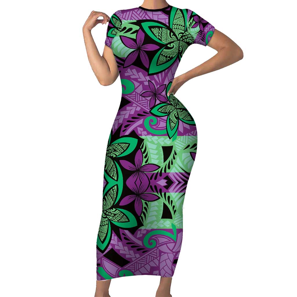Plumeria Polynesian Pattern Short Sleeve Bodycon Dress Unique Fantasy Purple Green LT01 Long Dress Purple - Polynesian Pride