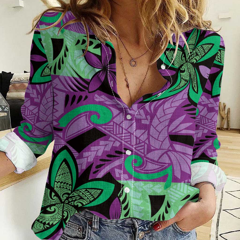 Plumeria Polynesian Pattern Women Casual Shirt Unique Fantasy Purple Green LT01 Female Purple - Polynesian Pride