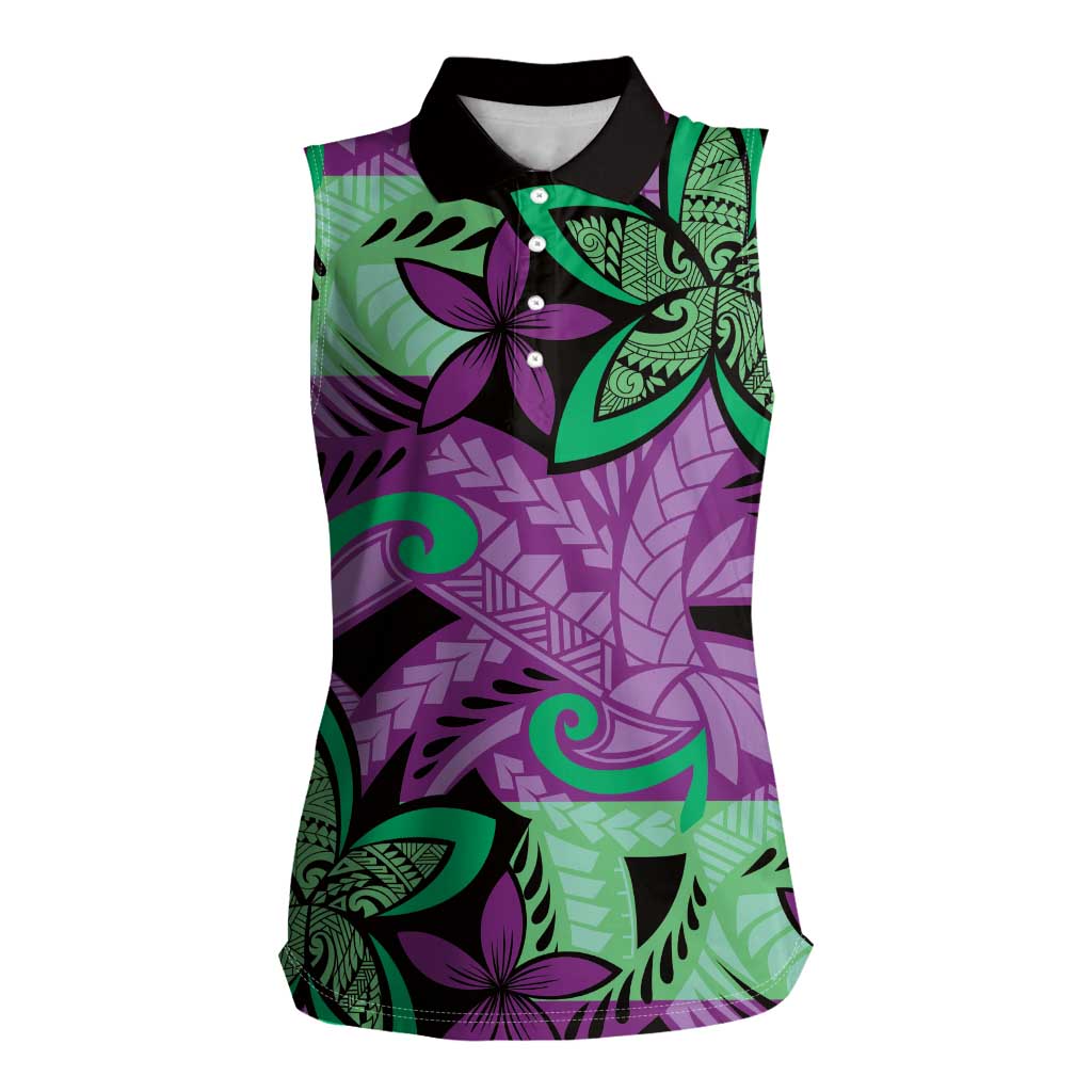 Plumeria Polynesian Pattern Women Sleeveless Polo Shirt Unique Fantasy Purple Green LT01 Female Purple - Polynesian Pride