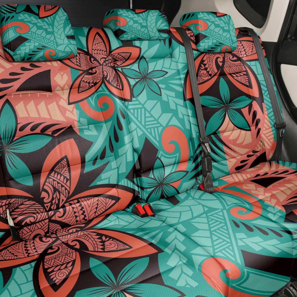 Plumeria Polynesian Pattern Back Car Seat Cover Unique Fantasy Teal Orange LT01 - Polynesian Pride