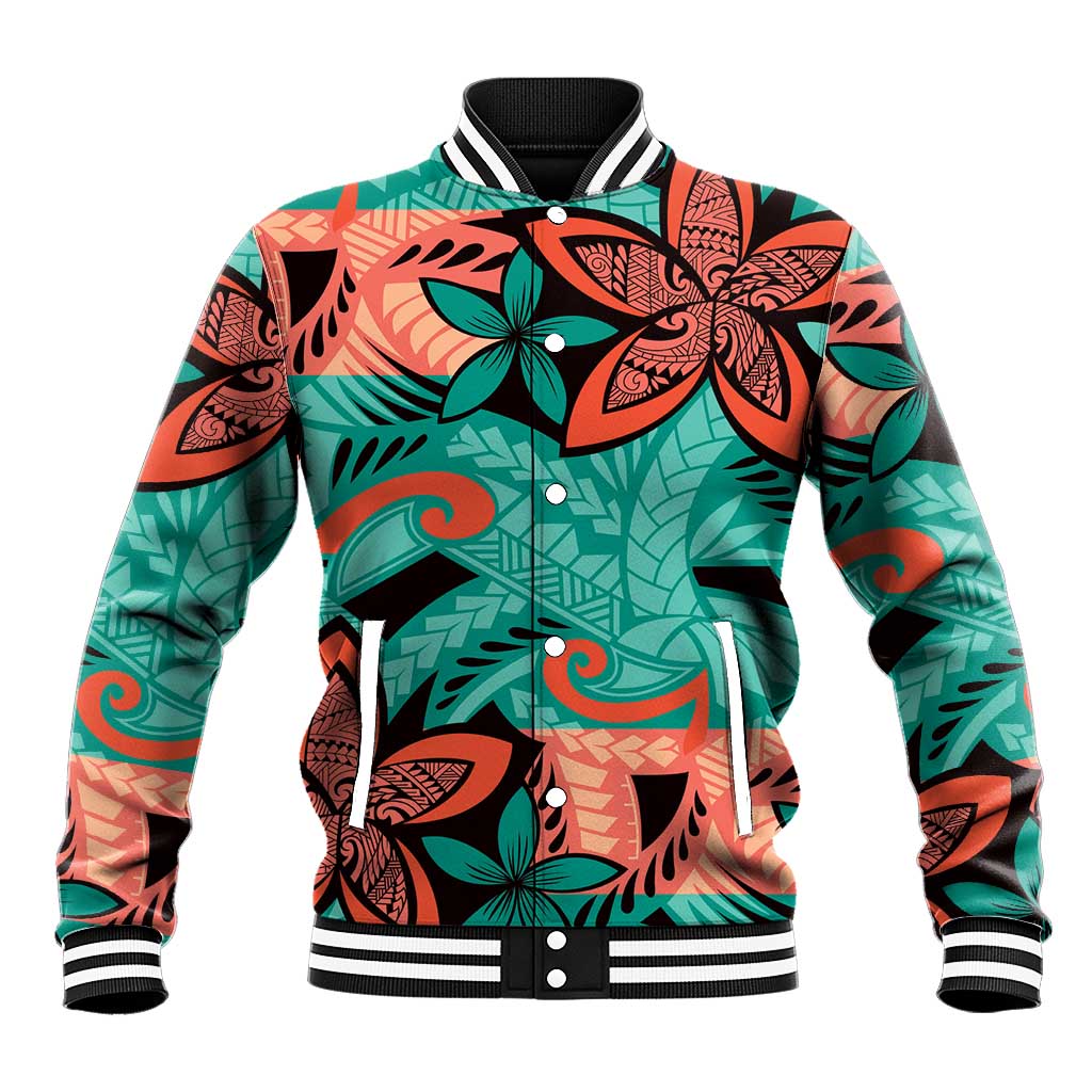 Plumeria Polynesian Pattern Baseball Jacket Unique Fantasy Teal Orange