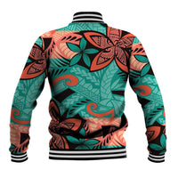 Plumeria Polynesian Pattern Baseball Jacket Unique Fantasy Teal Orange