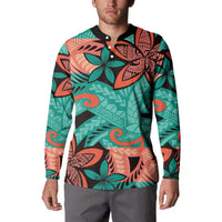 Plumeria Polynesian Pattern Button Sweatshirt Unique Fantasy Teal Orange