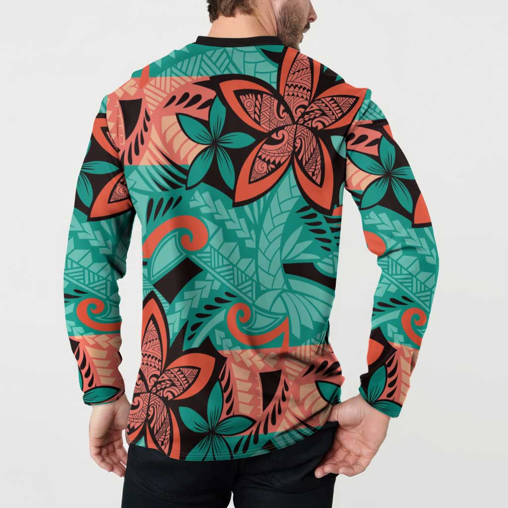 Plumeria Polynesian Pattern Button Sweatshirt Unique Fantasy Teal Orange