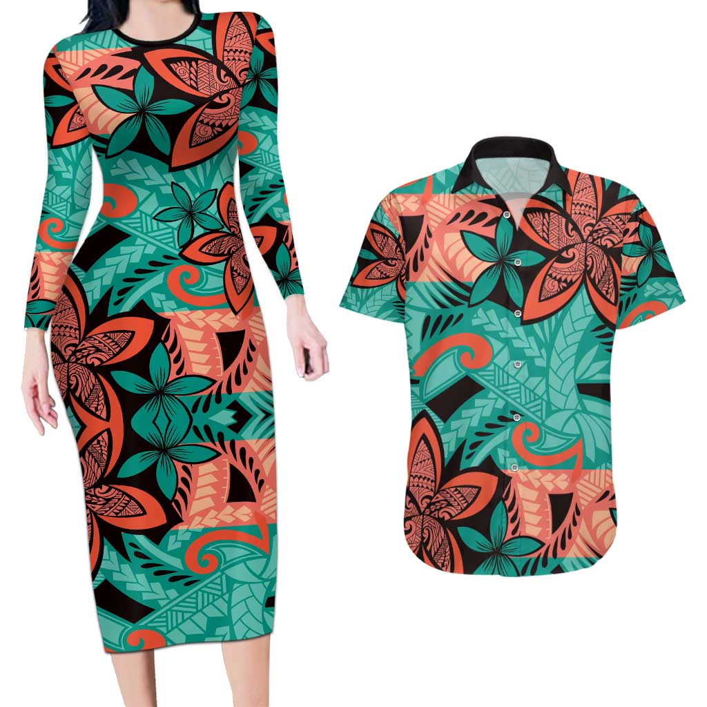Plumeria Polynesian Pattern Couples Matching Long Sleeve Bodycon Dress and Hawaiian Shirt Unique Fantasy Teal Orange LT01 Teal - Polynesian Pride